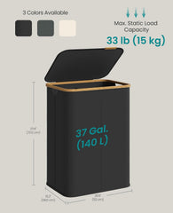 SONGMICS 140L Laundry Basket Hamper w/ 2 Compartment - Black