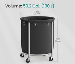 SONGMICS 190L Laundry Basket Cart Steel Frame Removable Bag w/ Wheels - Black