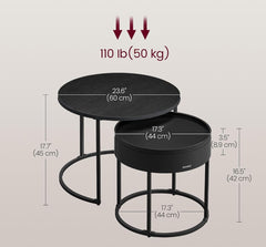 VASAGLE Round Coffee Table Nesting Tables Hidden Storage Set of 2 - Black ***open box***