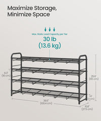 SONGMICS 4-Tier Long Stackable Metal Shoe Rack Holds Up to 20 Pairs - Black