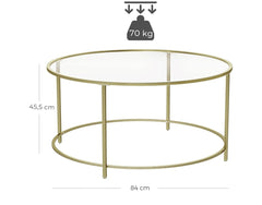 VASAGLE 36" Round Coffee Table Tempered Glass w/ Steel Frame - Gold