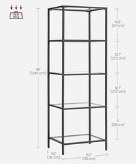 VASAGLE 5 Tier Bookcase Bookshelf Tempered Glass Bookshelves w/ Steel Frame - Black