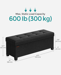 SONGMICS 43" Leather Folding Ottoman Bench Storage Trays w/ Legs - Black