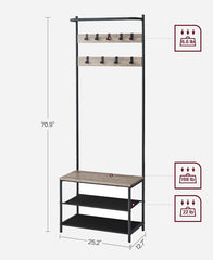 VASAGLE Hall Tree Bench Entryway w/ Shoe Storage & Movable Hooks - Greige / Black