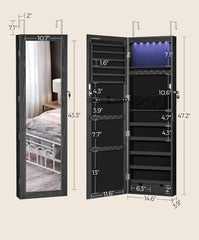 SONGMICS 6 LEDs Mirror Jewelry Cabinet Lockable Armoire Organizer Wall Door Mounted - Black ***open box***