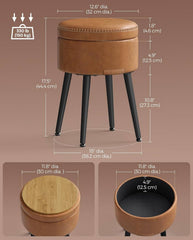 VASAGLE Storage Ottoman Leather Round Seat Vanity Stool w/ Steel Legs - Brown