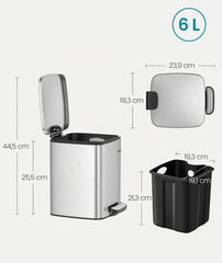 SONGMICS 6L (1.6-Gallon) Bathroom Trash Bin w/ Pedal - Silver