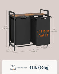 SONGMICS 2 x 12.1 Gallons (46 L) Laundry Basket Sorter with Storage Shelf - Brown / Black