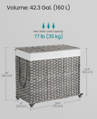 SONGMICS 160 L Rolling Laundry Hamper Rattan w/ 3-Section & Lid - Gray