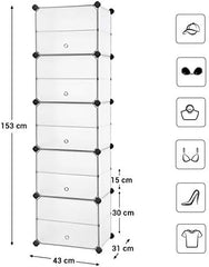 SONGMICS Interlocking Shoe Rack w/ Door Storage Organiser Unit w/ Hooks - Clear