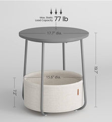 VASAGLE Small Round Side End Table Small Nightstand w/ Fabric Basket - Gray