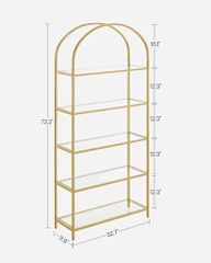 Vasagle 5-Tier Arch Bookcase Bookshelf w/ Glass Storage Shelf - Gold