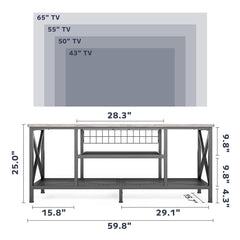 Industrial TV Stand w/ Open Storage Shelves w/ Metal Frame - Gray