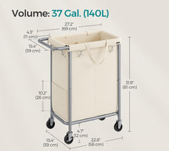 SONGMICS 37.0 Gallons (140 L) Laundry Basket 2 -Section w/ Wheels - Cream White
