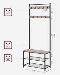 VASAGLE Coat Rack Hall Tree Shoe Storage Bench w/ Mesh Storage Shelves - Greige / Black