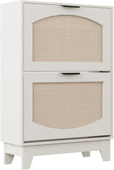 Shoe Cabinet Rattan w/ 2 Flip Drawers- White