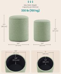 SONGMICS Vanity Stool Round Storage Ottoman Teddy Fleece Set of 2 - Green