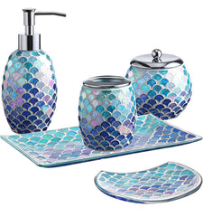 Bathroom Accessory Set | 5-Piece Decorative Glass Bathroom Soap Dispenser Set | Soap Dispenser, Tray, Jar, Toothbrush Holder