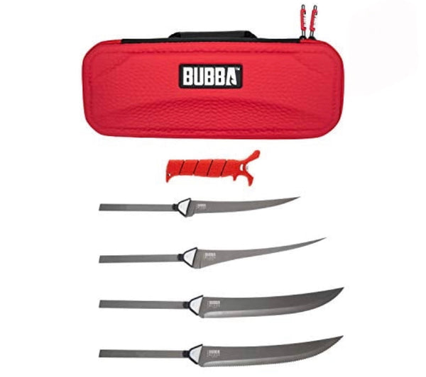 BUBBA Multi-Flex Interchangeable Blade, with Non-Slip Grip Handle, 4 Ti-Nitride S.S. Coated Non-Stick Blades and Case for Fishing