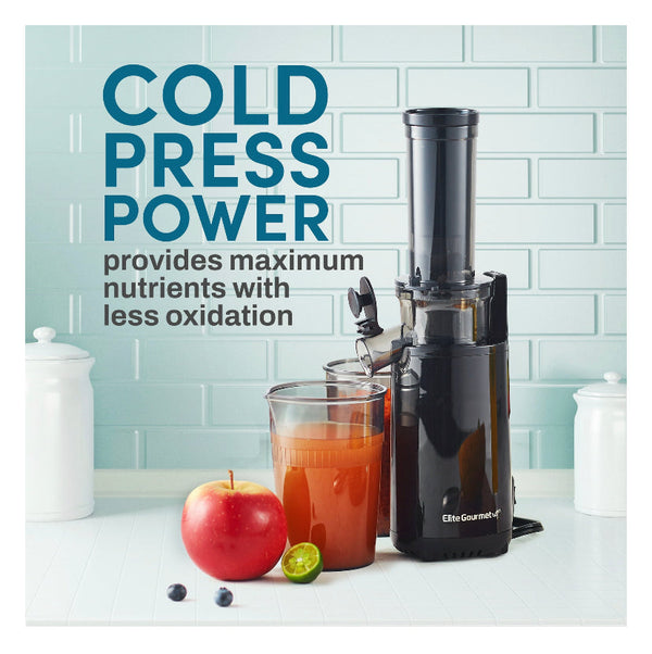 Elite Gourmet Compact Masticating Cold Press Slow Juicer, Black