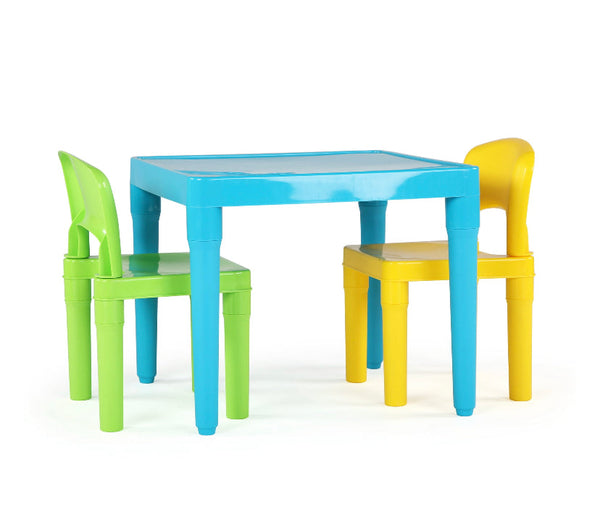 Humble Crew Kids Lightweight Plastic Aqua Table and 2 Chairs Set, Square, Green & Yellow Chairs, For Ages 3+