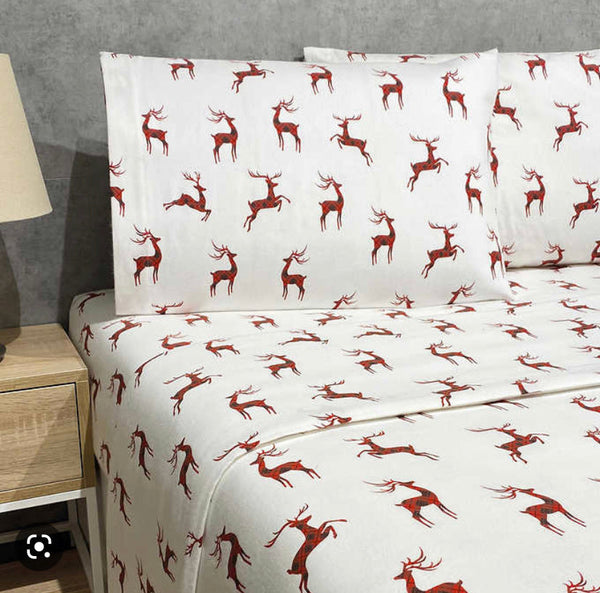 Portuguese Flannel 4-piece Sheet Sets Red Reindeer - Cal King