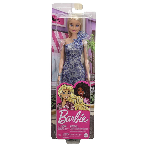 Barbie Blonde Hair Blue Eyes with Short Blue Sequins mini Dress and Silver Platform Shoes