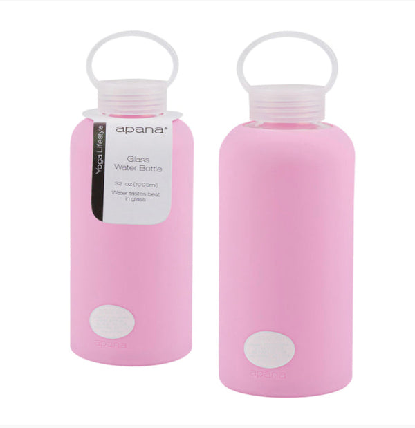 Apana Glasss Water Bottle w/ Silicone Sleeve Pink 15oz