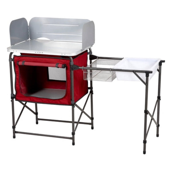 Ozark Trail Deluxe Camping Kitchen with Storage, Silver and Red, 31 Height" x 13 width" x 8.25 length"