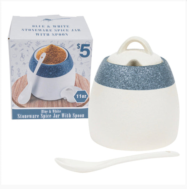 Stoneware Spice Jar w/ Spoon - Blue & White
