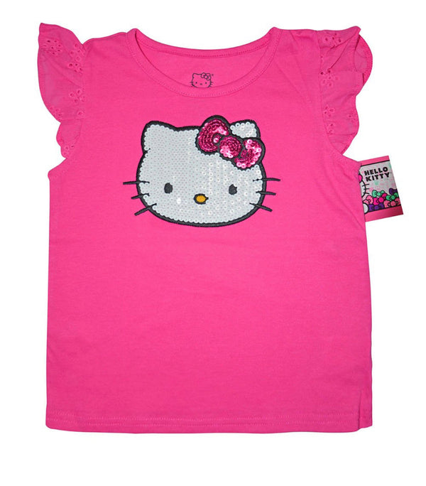 Sanrio Hello Kitty Logo Sequins Girl T-Shirt Ruffle Sleeves Size 5/6 - Pink