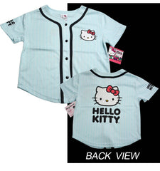 Sanrio Hello Kitty Logo PinStripe Baseball Girl Jersey Size 8/10 - Baby Blue