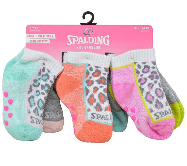 Spalding Girls Toddler Cushioned Socks w/ Grippers 6pk (Size 12-24m)